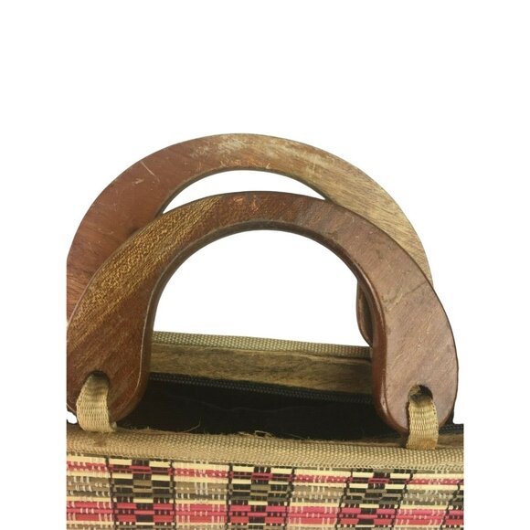 Mid Century Modern Handmade Purse Woven Straw Wood u Lined Wood Handle MCM u - Picture 10 of 11